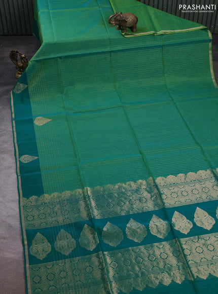 Kora silk cotton saree green and teal green with allover zari stripe pattern and zari woven butta border