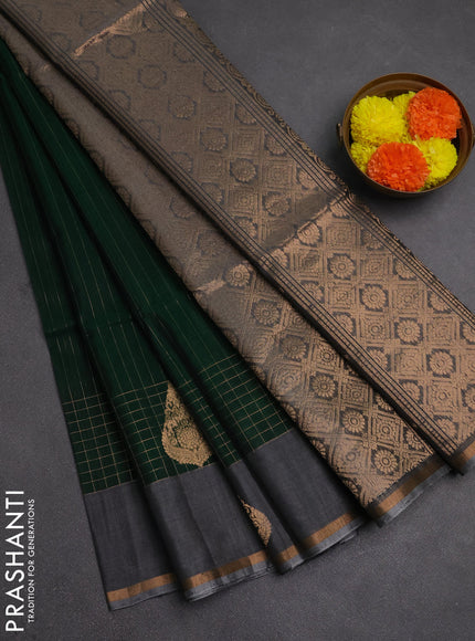 Kora silk cotton saree bottle green and grey with allover zari stripe pattern and zari woven butta border