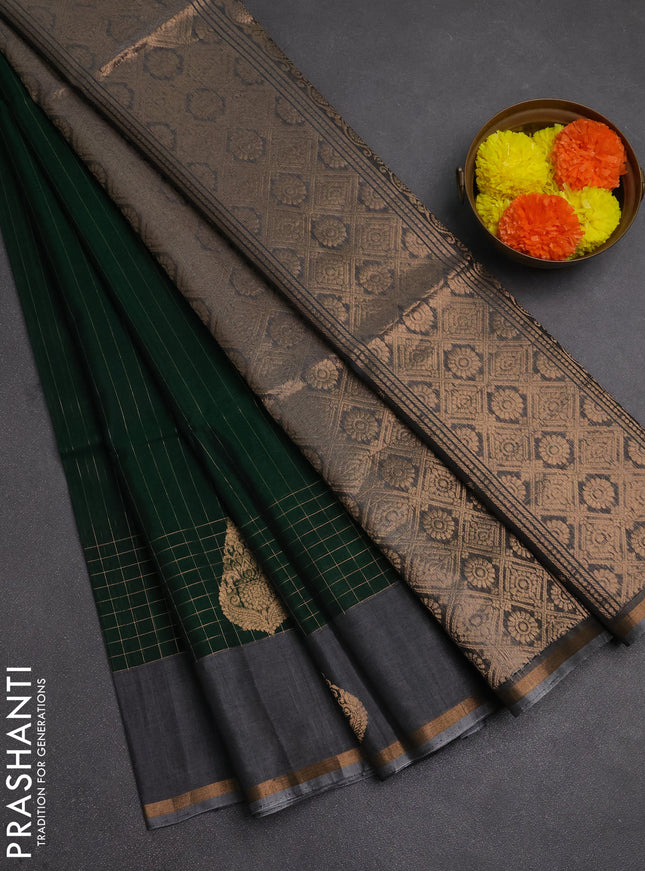 Kora silk cotton saree bottle green and grey with allover zari stripe pattern and zari woven butta border