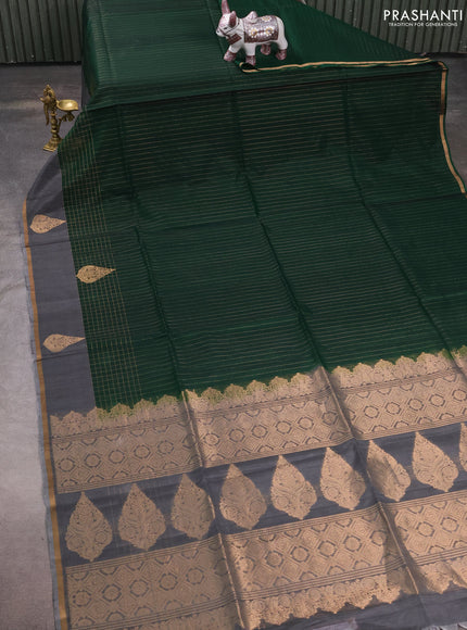 Kora silk cotton saree bottle green and grey with allover zari stripe pattern and zari woven butta border