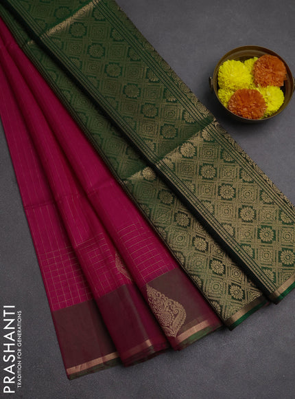 Kora silk cotton saree pink and green with allover zari stripe pattern and zari woven butta border
