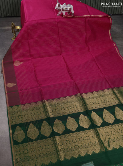 Kora silk cotton saree pink and green with allover zari stripe pattern and zari woven butta border