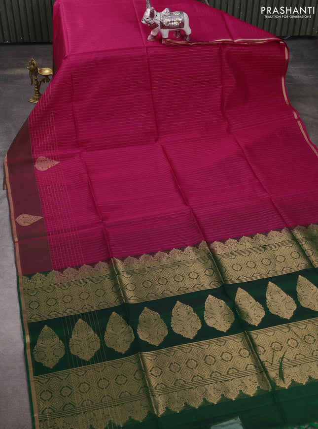 Kora silk cotton saree pink and green with allover zari stripe pattern and zari woven butta border