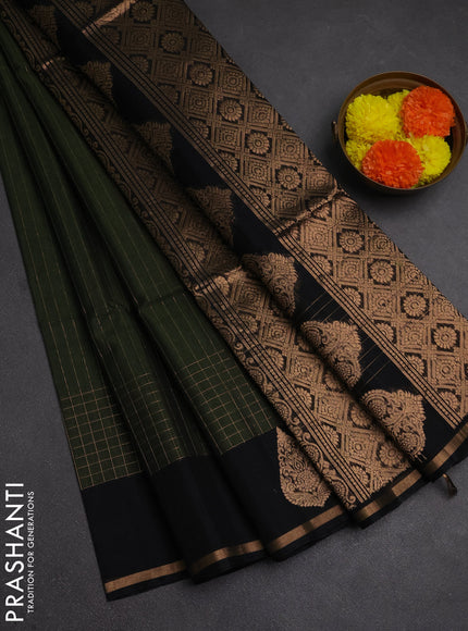Kora silk cotton saree sap green and black with allover zari stripe pattern and zari woven butta border