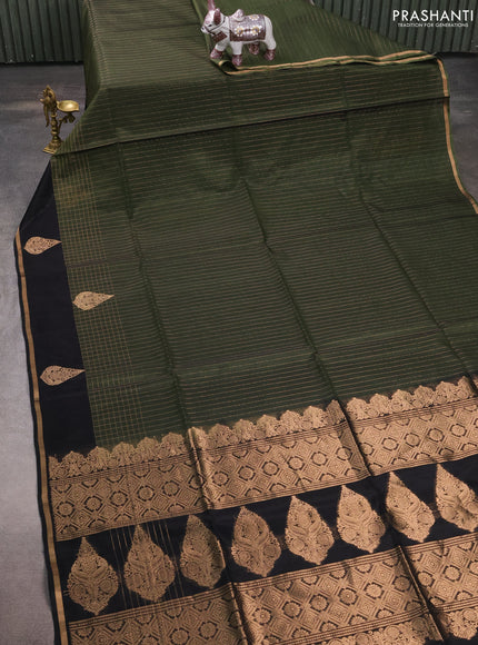 Kora silk cotton saree sap green and black with allover zari stripe pattern and zari woven butta border