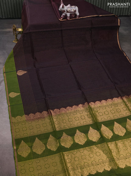 Kora silk cotton saree deep maroon and sap green with allover zari stripe pattern and zari woven butta border
