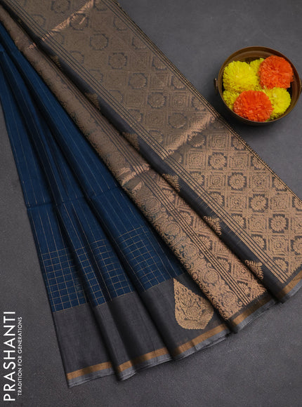 Kora silk cotton saree peacock blue and grey with allover zari stripe pattern and zari woven butta border