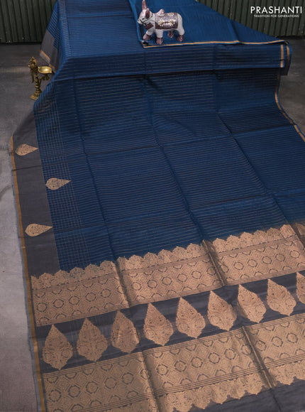 Kora silk cotton saree peacock blue and grey with allover zari stripe pattern and zari woven butta border