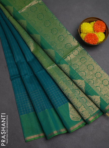 Kora silk cotton saree teal green and dual shade of green with allover zari stripe pattern and zari woven butta border