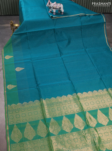 Kora silk cotton saree teal green and dual shade of green with allover zari stripe pattern and zari woven butta border