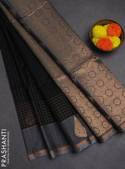 Kora silk cotton saree black and grey with allover zari stripe pattern and zari woven butta border