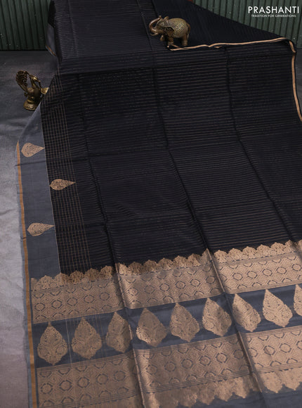 Kora silk cotton saree black and grey with allover zari stripe pattern and zari woven butta border