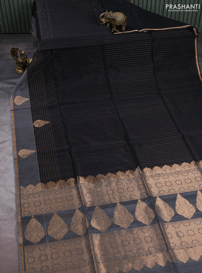 Kora silk cotton saree black and grey with allover zari stripe pattern and zari woven butta border
