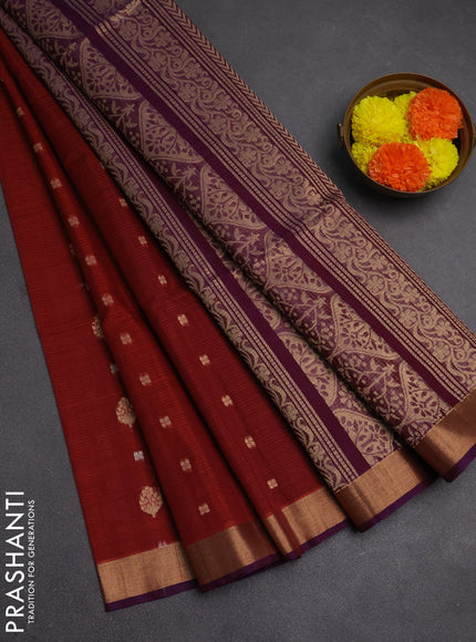 Kora silk cotton saree maroon and purple with allover zari woven buttas and zari woven border
