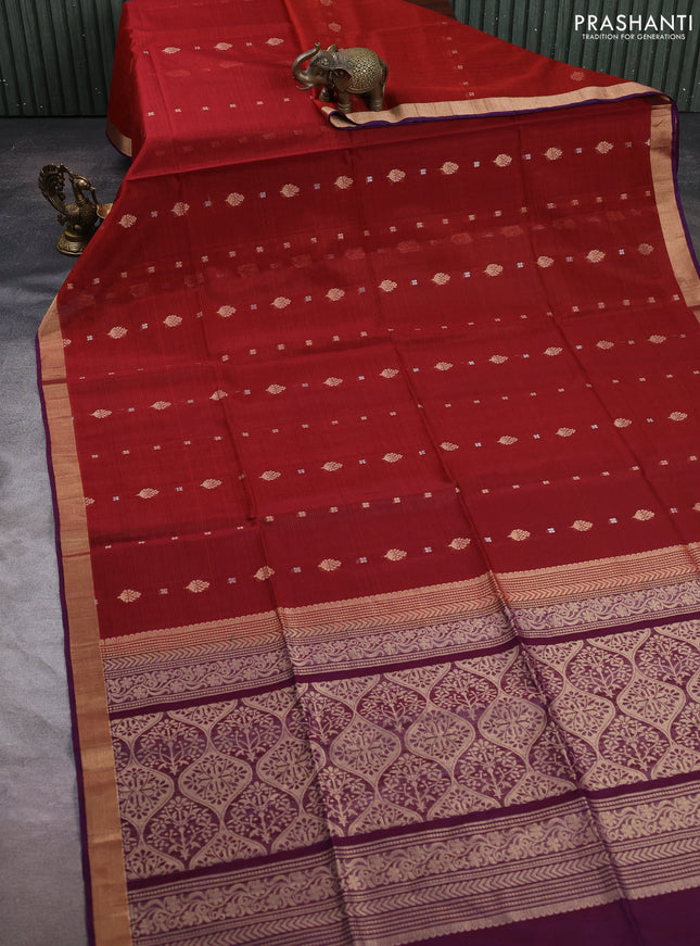Kora silk cotton saree maroon and purple with allover zari woven buttas and zari woven border