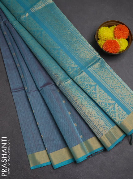 Kora silk cotton saree teal blue and maroon with zari woven buttas and zari woven border
