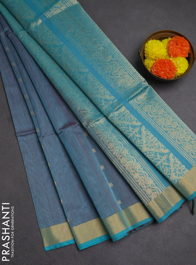 Kora silk cotton saree teal blue and maroon with zari woven buttas and zari woven border