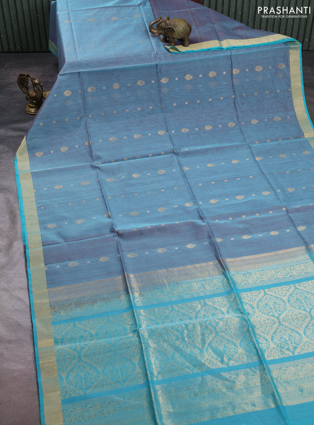 Kora silk cotton saree teal blue and maroon with zari woven buttas and zari woven border