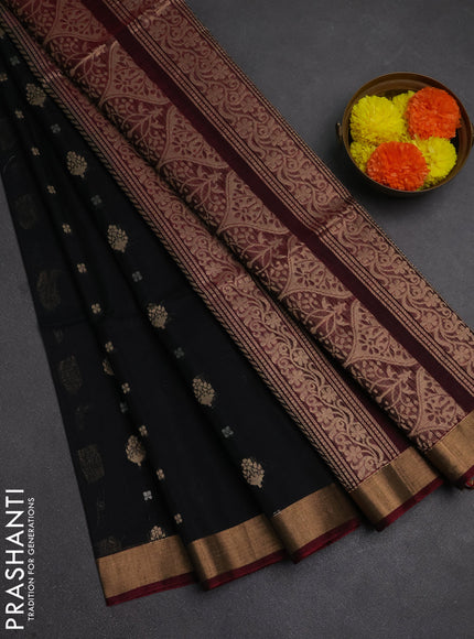 Kora silk cotton saree black and dark magenta pink with allover zari woven buttas and zari woven border