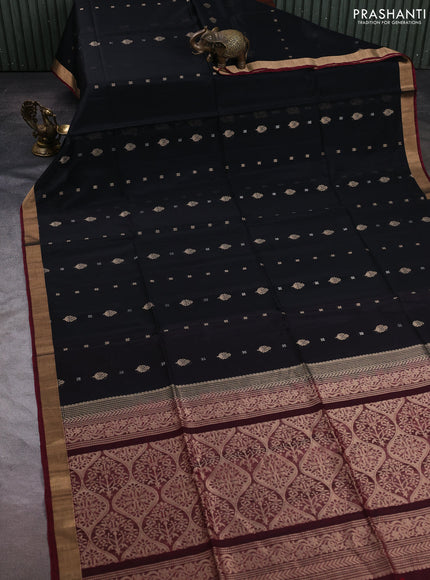 Kora silk cotton saree black and dark magenta pink with allover zari woven buttas and zari woven border