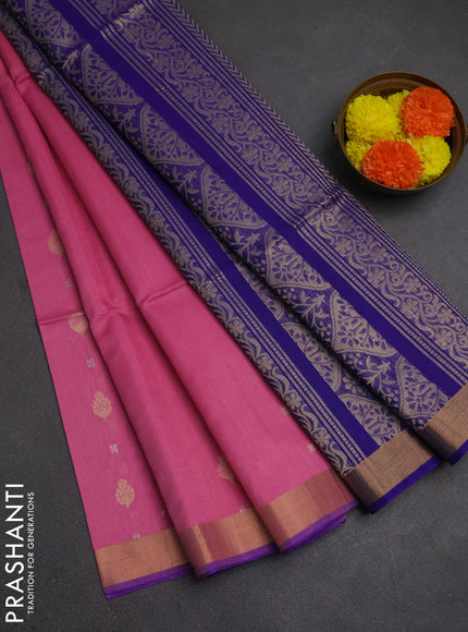 Kora silk cotton saree light pink and blue with allover zari woven buttas and zari woven border