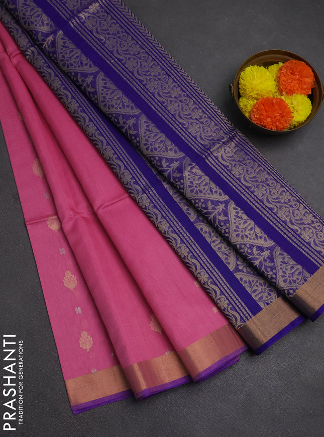 Kora silk cotton saree light pink and blue with allover zari woven buttas and zari woven border