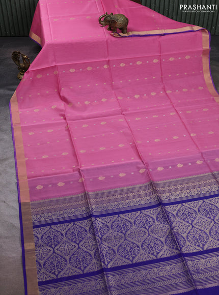 Kora silk cotton saree light pink and blue with allover zari woven buttas and zari woven border