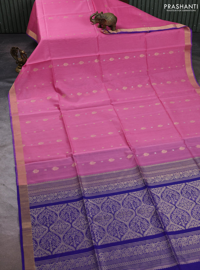 Kora silk cotton saree light pink and blue with allover zari woven buttas and zari woven border
