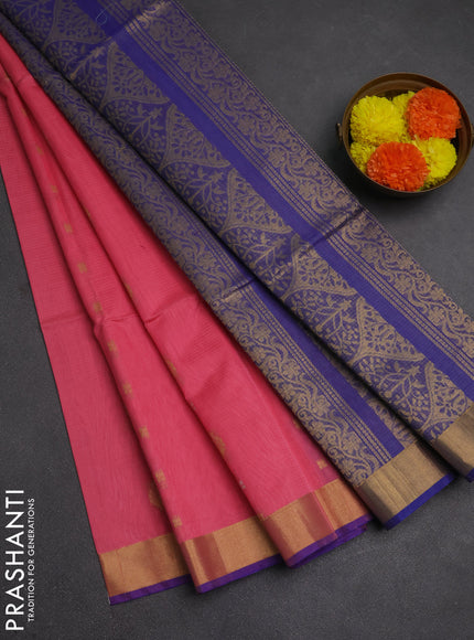 Kora silk cotton saree peach pink and blue with allover zari woven buttas and zari woven border