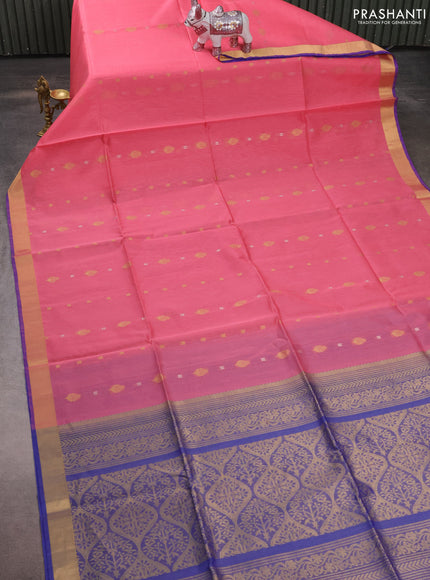 Kora silk cotton saree peach pink and blue with allover zari woven buttas and zari woven border
