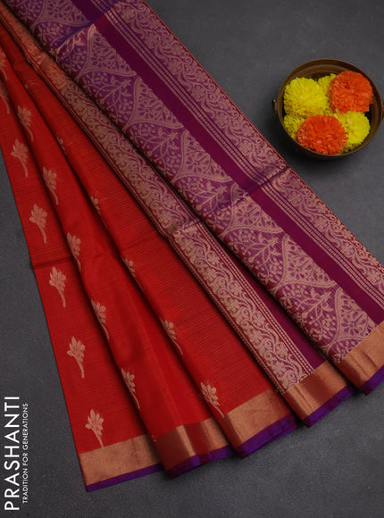 Kora silk cotton saree orange and dual shade of bluish red with allover zari woven buttas and zari woven border