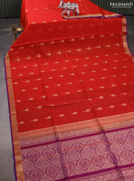 Kora silk cotton saree orange and dual shade of bluish red with allover zari woven buttas and zari woven border