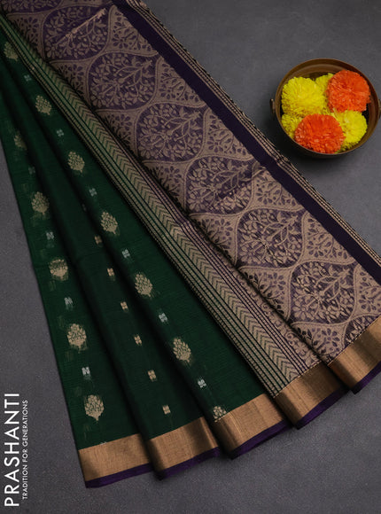 Kora silk cotton saree bottle green and violet with allover zari woven buttas and zari woven border