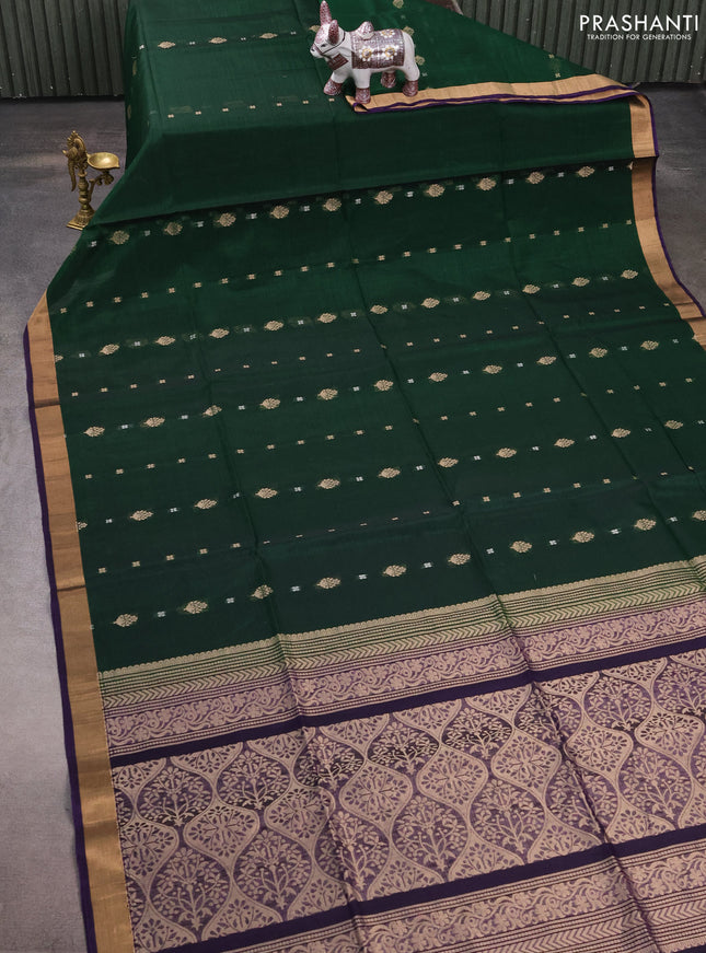 Kora silk cotton saree bottle green and violet with allover zari woven buttas and zari woven border
