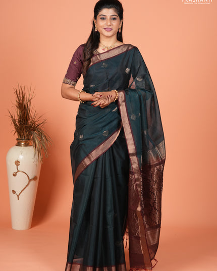 Kora silk cotton saree peacock green and deep maroon with zari woven buttas and zari woven border