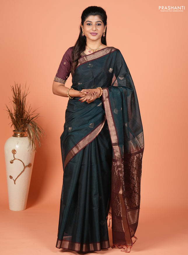Kora silk cotton saree peacock green and deep maroon with zari woven buttas and zari woven border