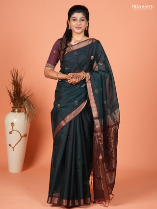 Kora silk cotton saree peacock green and deep maroon with zari woven buttas and zari woven border