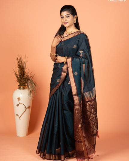 Kora silk cotton saree peacock green and deep maroon with zari woven buttas and zari woven border