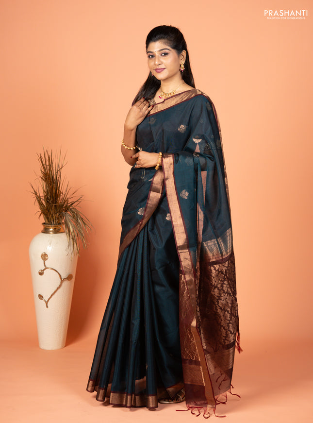 Kora silk cotton saree peacock green and deep maroon with zari woven buttas and zari woven border
