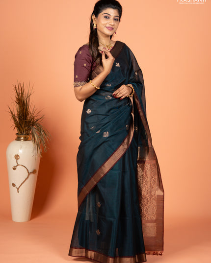 Kora silk cotton saree peacock green and deep maroon with zari woven buttas and zari woven border