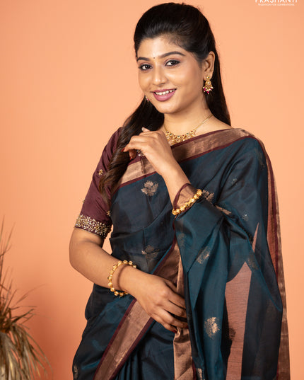 Kora silk cotton saree peacock green and deep maroon with zari woven buttas and zari woven border