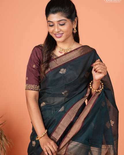 Kora silk cotton saree peacock green and deep maroon with zari woven buttas and zari woven border