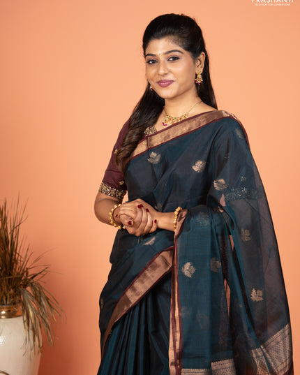 Kora silk cotton saree peacock green and deep maroon with zari woven buttas and zari woven border