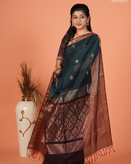 Kora silk cotton saree peacock green and deep maroon with zari woven buttas and zari woven border