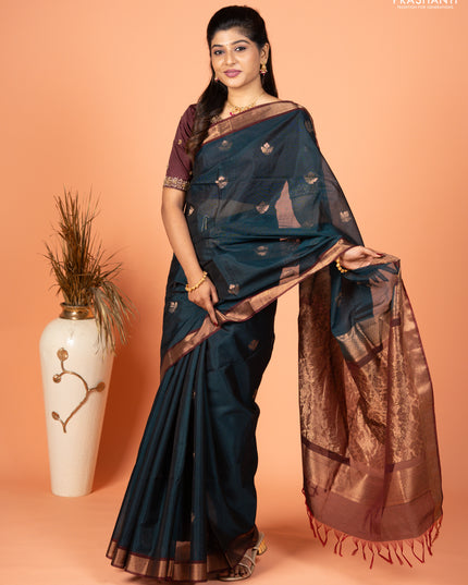Kora silk cotton saree peacock green and deep maroon with zari woven buttas and zari woven border