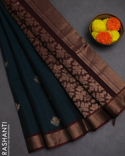 Kora silk cotton saree peacock green and deep maroon with zari woven buttas and zari woven border