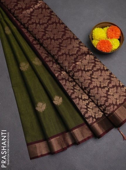 Kora silk cotton saree olive green and deep maroon with zari woven buttas and zari woven border