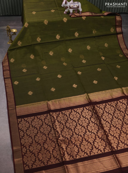 Kora silk cotton saree olive green and deep maroon with zari woven buttas and zari woven border