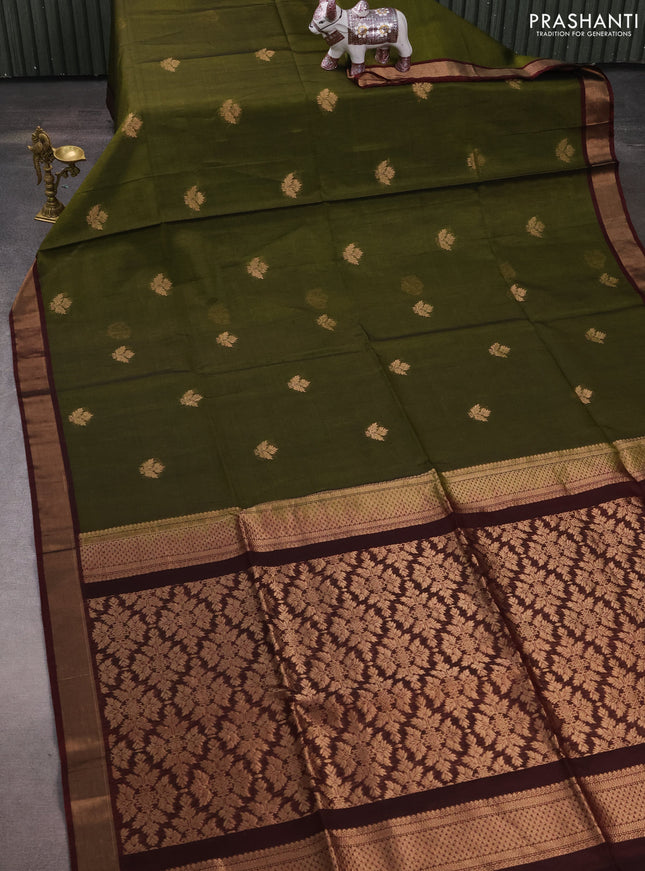 Kora silk cotton saree olive green and deep maroon with zari woven buttas and zari woven border