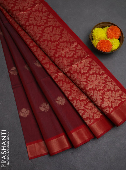 Kora silk cotton saree dual shade of maroon and kumkum red with zari woven buttas and zari woven border